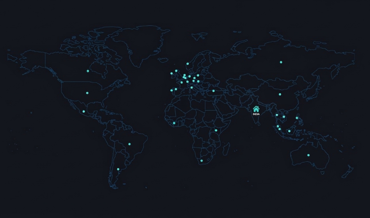 Global dark world map with teal dots marking active locations; India is highlighted with a home icon.